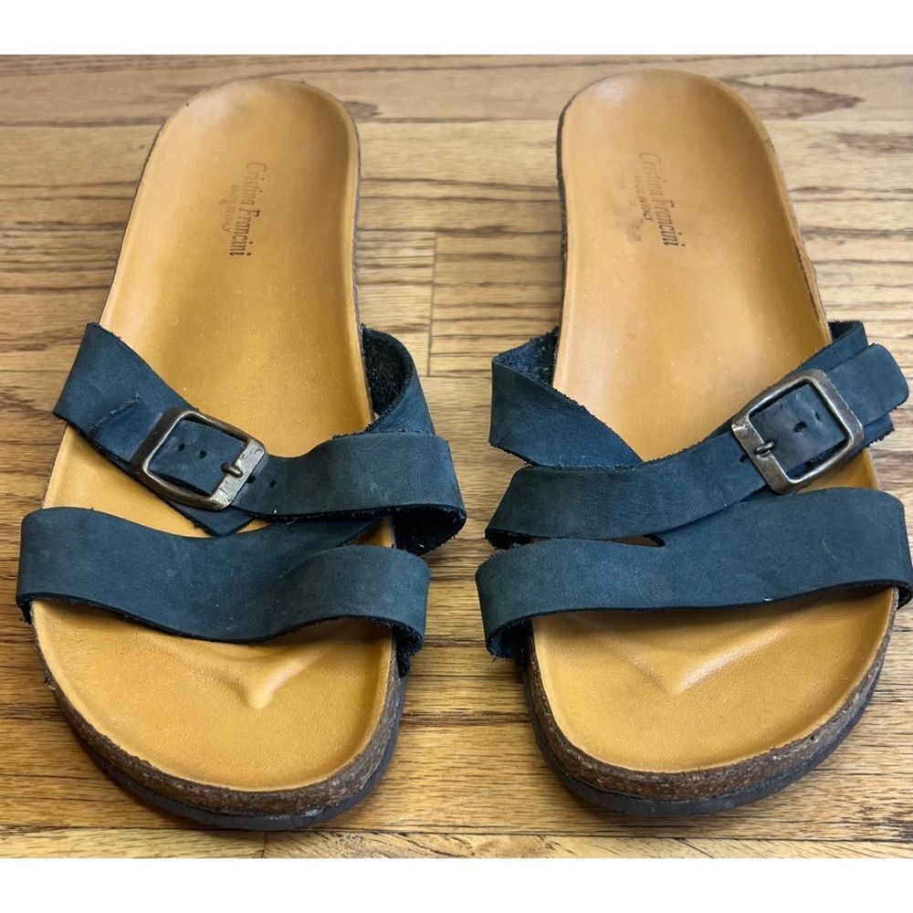Cristina Francini Wedge Cork Sandal Slip On Buckle Navy Leather Sz 8.5